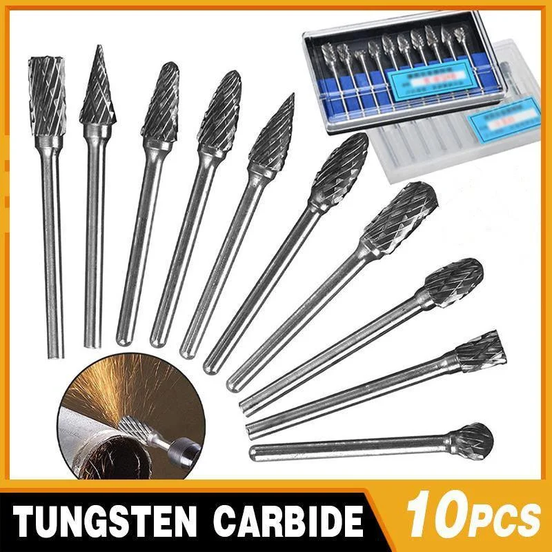 10PCS Tungsten Carbide Rotary Burr Set for Rotary Tools and Dremel - Plastic Box