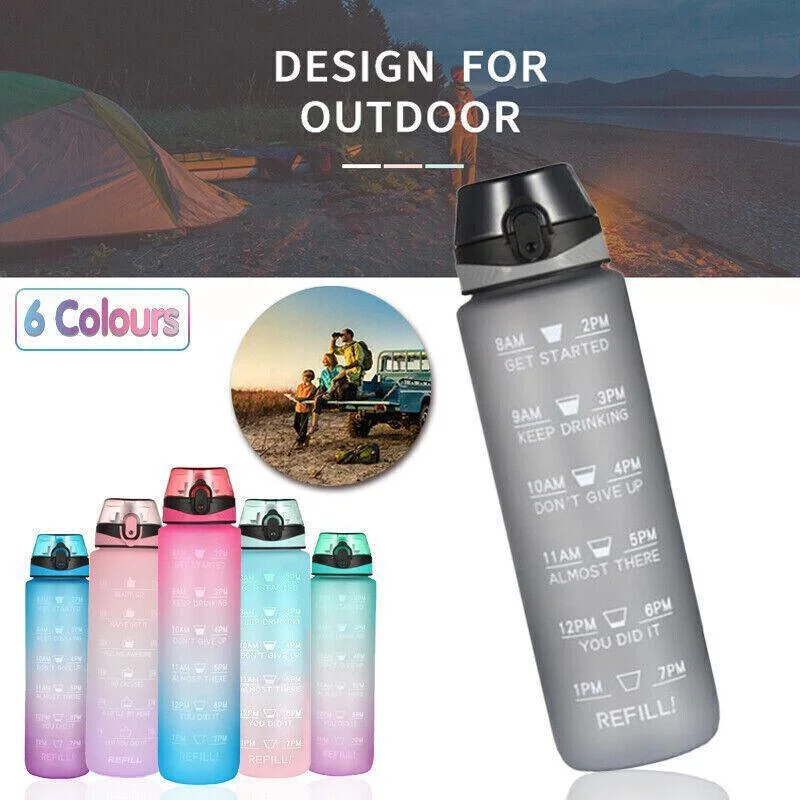 1L Water Bottle Motivational Drink Flask With Time Markings Bpa Free Sport Gym - Pink+Purple