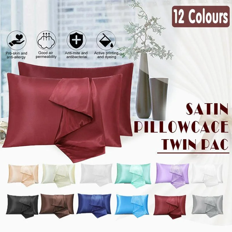 2 Pack Satin Pillowcases Luxury Soft Cushion Covers Bedroom Home Decor - Black