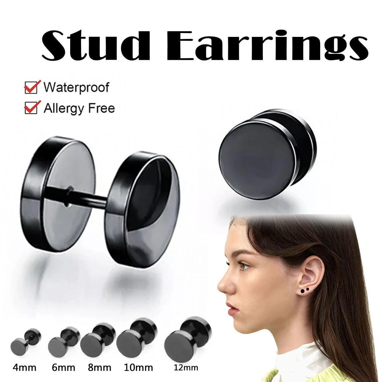 Pair Black Flat Round Barbell Plug Stud Earrings Stainless Steel Mens Gym 4-12Mm - 4mm