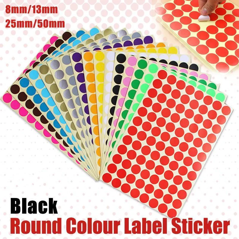 8/13/25/50mm Colour Sticker Dots Adhesive Round Labels Circular Scrapbooking Black - 50mm 8 Dots - 5 Sheets