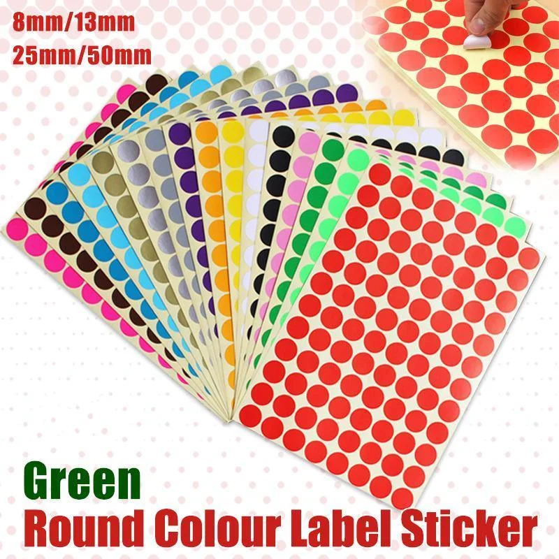 8/13/25/50mm Colour Sticker Dots Adhesive Round Labels Circular Scrapbooking Green - 50mm 8 Dots - 5 Sheets