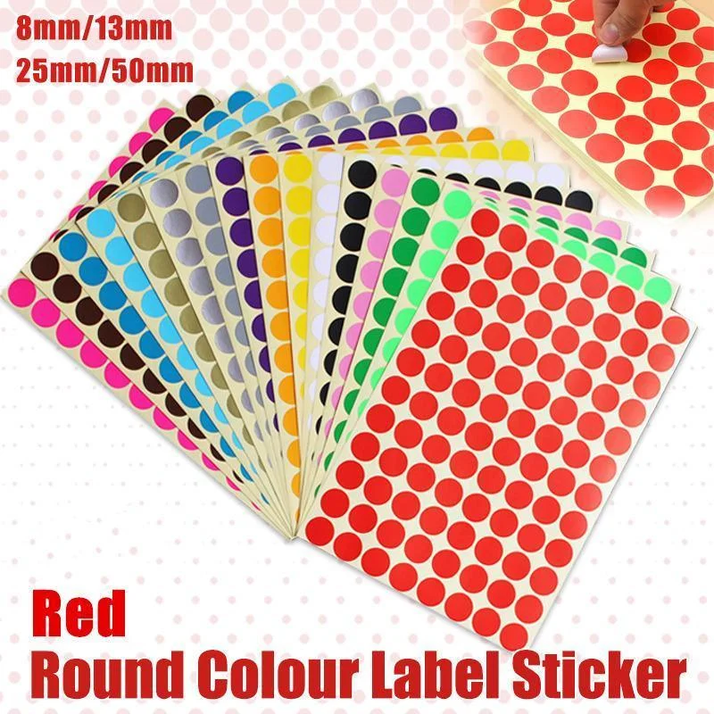 8/13/25/50mm Colour Sticker Dots Adhesive Round Labels Circular Scrapbooking Red - 8mm 260 Dots - 5 Sheets