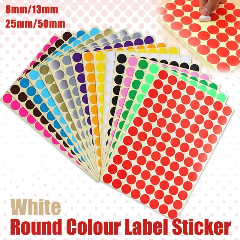 8/13/25/50mm Colour Sticker Dots Adhesive Round Labels Circular Scrapbooking White - 13mm 132 Dots - 5 Sheets