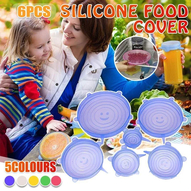 6PCS Stretch Reusable Silicone Food Saver Cover Seal Insta Lids Bowl Wraps - White