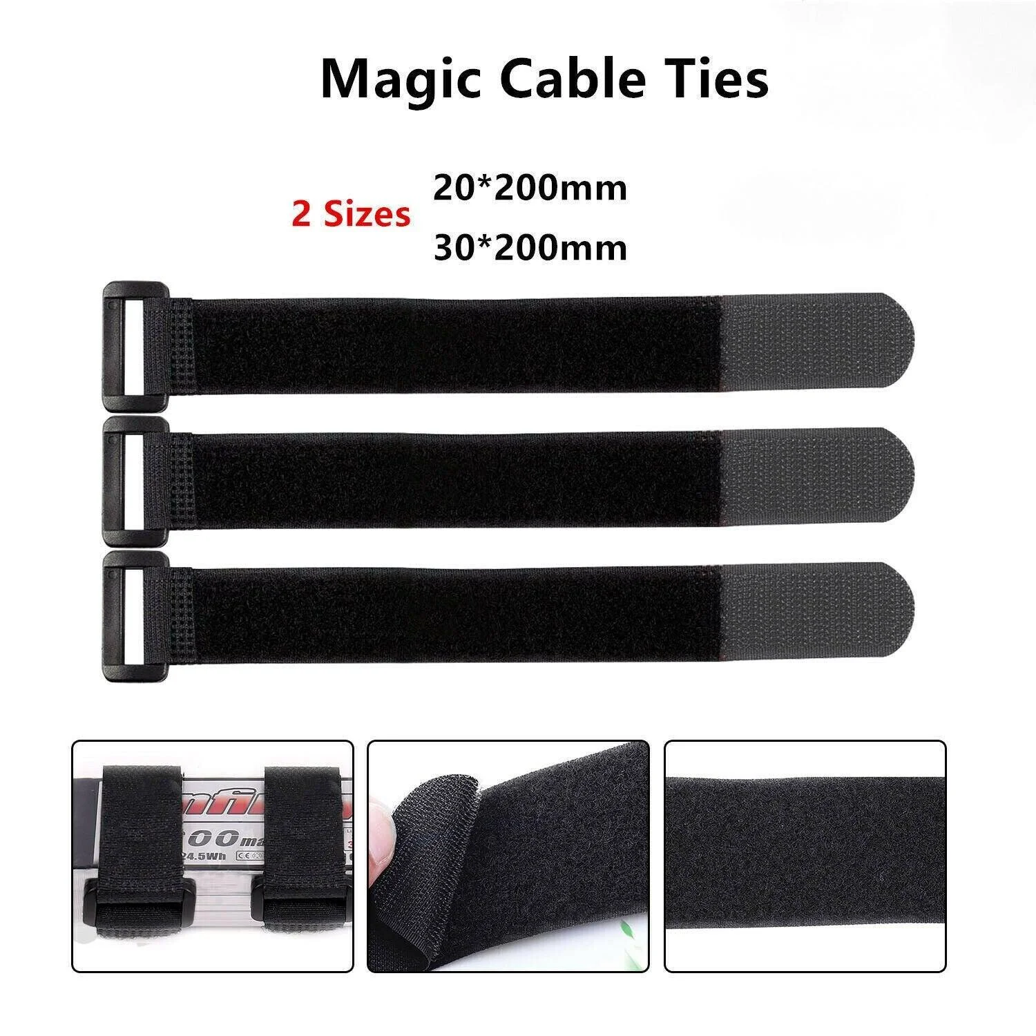 Magic Cable Ties Reusable Winder Coded Organiser Cords Hook Loop Black - 20*200mm 10PCS