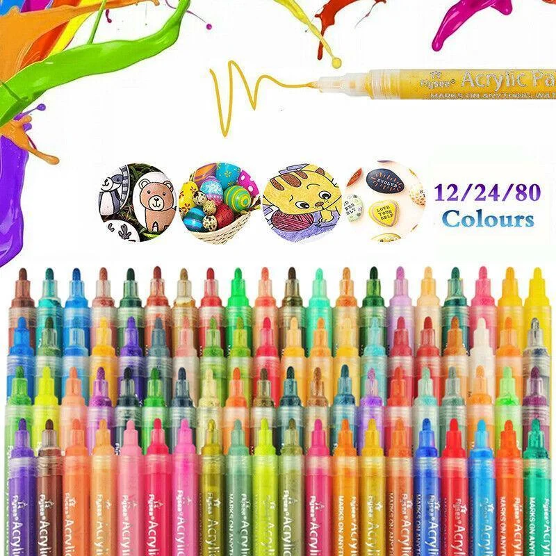 Flysea 12-80 Colours Acrylic Paint Pens Painting Stone Ceramic Glass Marker2-3Mm - 80-Colour Set