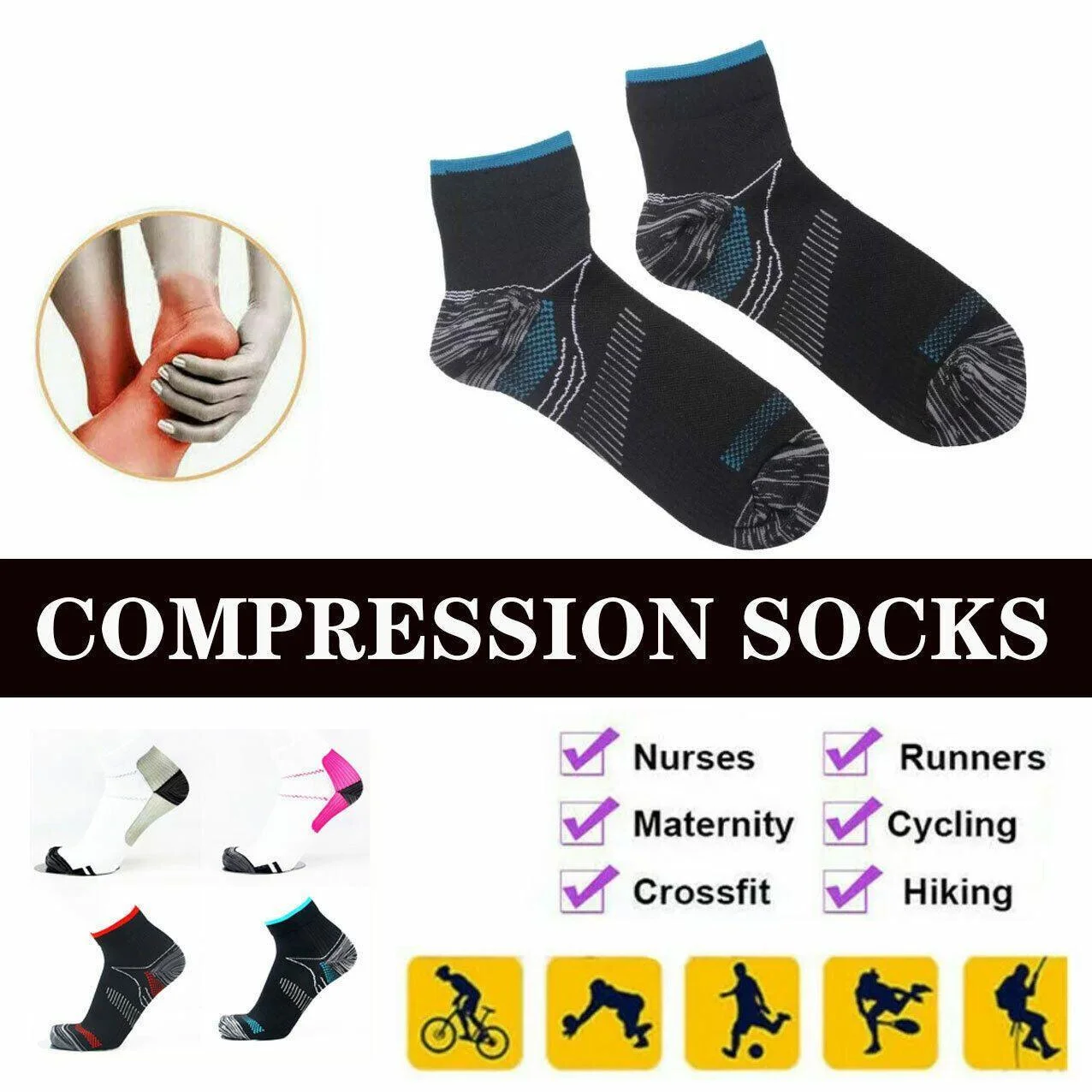 L XL Ankle Compression Socks for Foot Support and Daily Comfort Unisex - Black-Blue