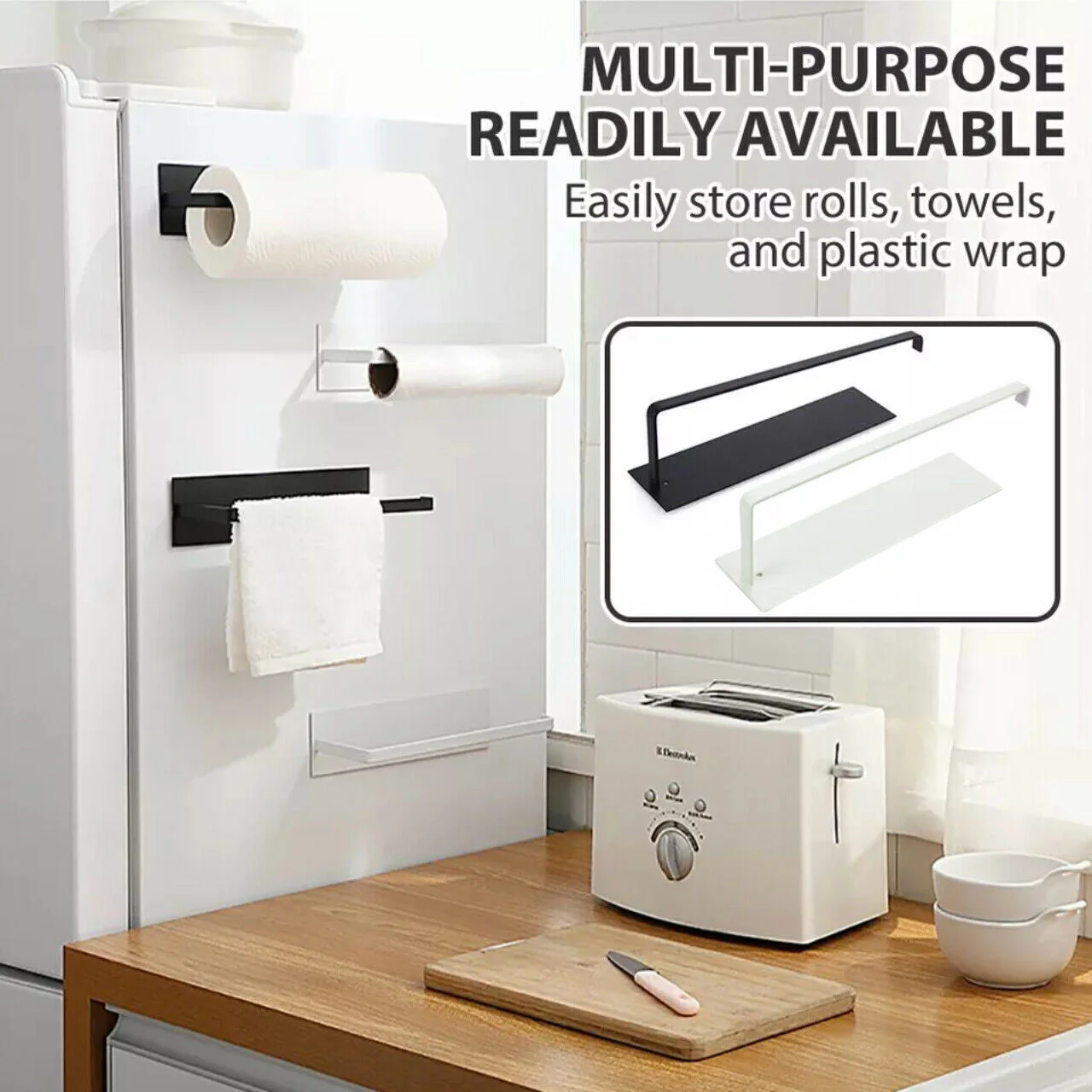 Self-Adhesive Paper Towel Holder Rack for Kitchen Rolls and Wrap Storage - Black x 1 unit