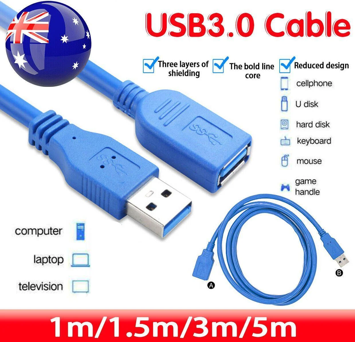 Super speed Usb 3.0 Male To Female Data Cable Extension Cord For Laptop Pc Camera - 1.5M