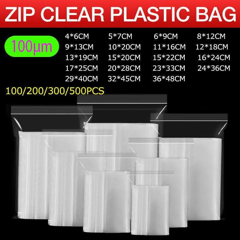 100PCS 100micron Bulk Clear Resealable PE Plastic Zip Bags - 15*20CM