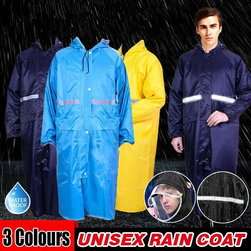 Unisex Waterproof Raincoat 2XL Size Lightweight Hooded Long Work Outdoor Overcoat - Navy
