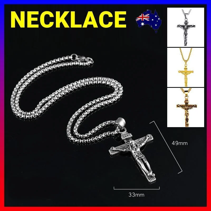 Men Stainless Steel Gold Silver Black Jesus Crucifix Pendant Chain Necklace Silver - only pendant