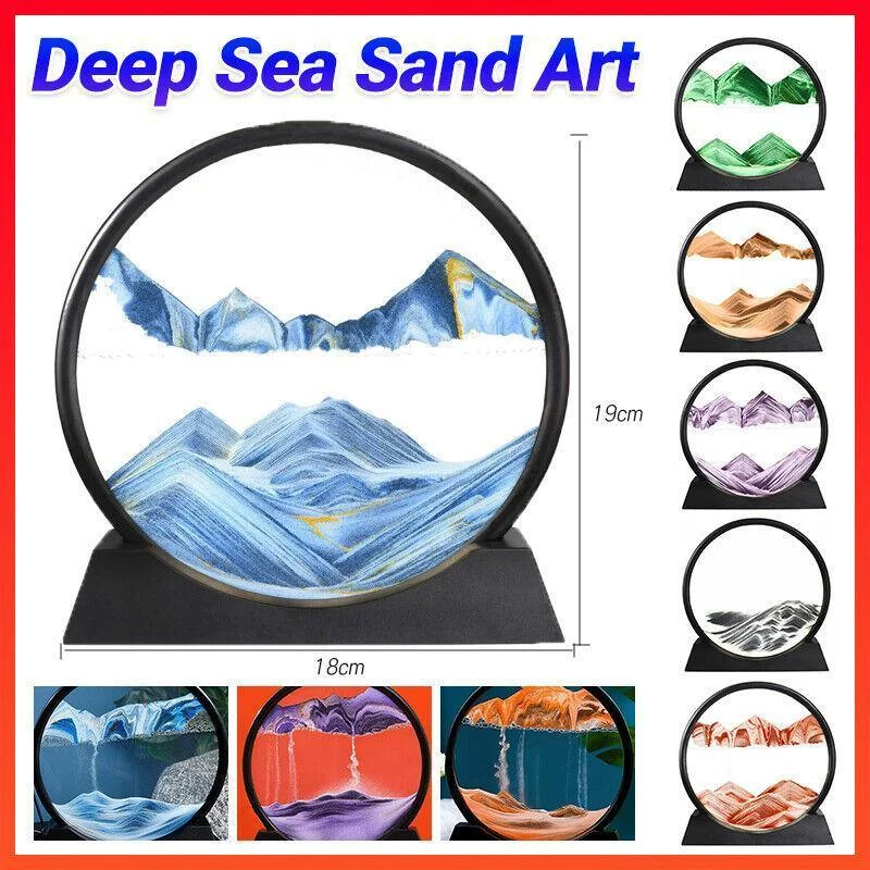 Moving Sand Art Picture Round Glass Quicksand Painting 3D Deep Sea Sandscape Au - Yellow