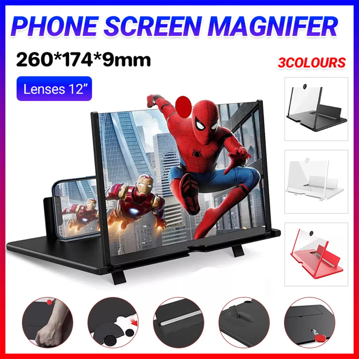 12 Inch Phone Screen Magnifier Folding Amplifier Stand Adjustable 3D Holder - White