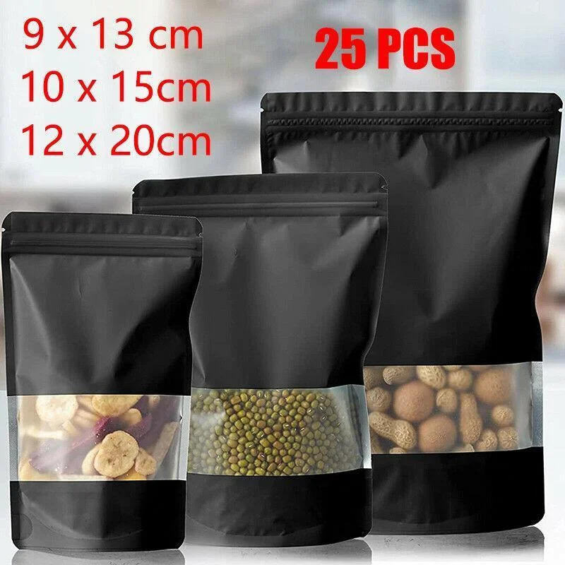 25PCS Stand Up Food Pouches with Clear Window Heat Seal Ziplock Foil Bags - 9x13+3cm