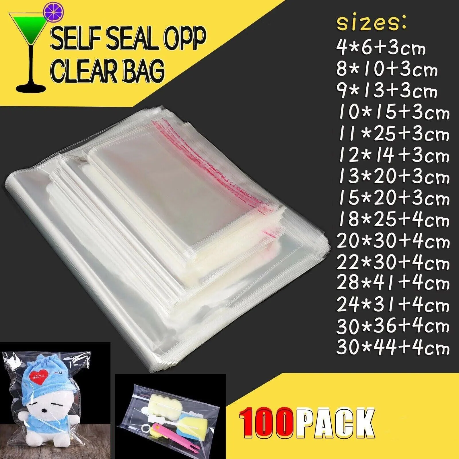 Multi-size Clear Self-Seal Cellophane Bags - Bulk Adhesive Opp - 11*20+4