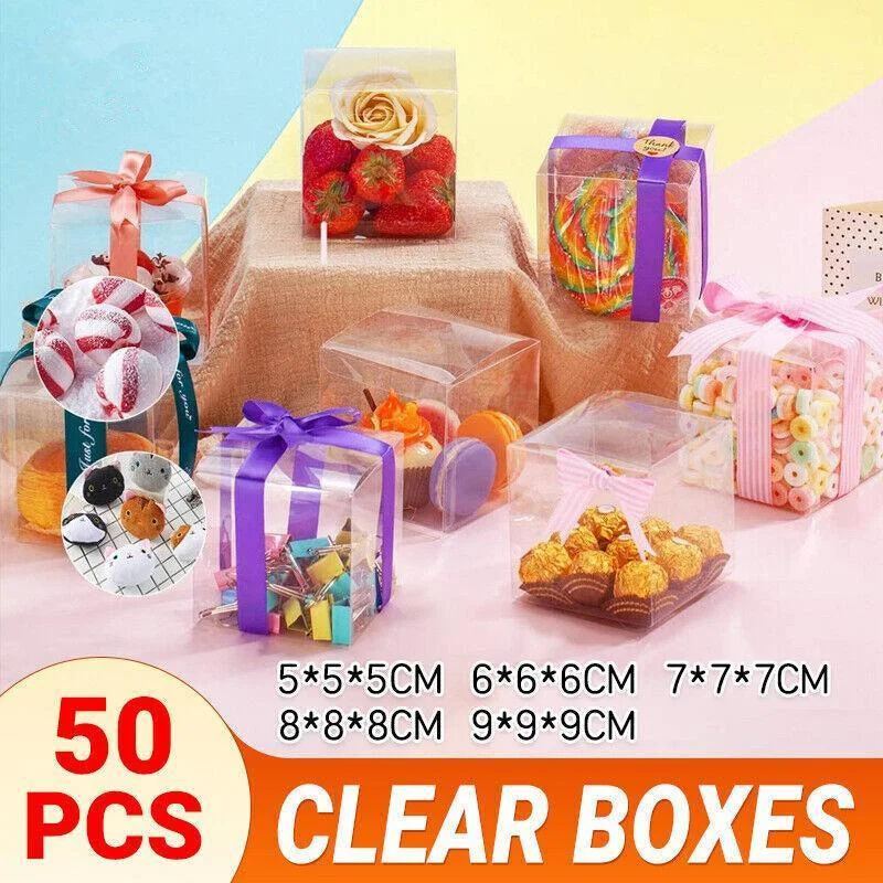 50 PVC Clear Transparent Macaron Square Cube Boxes For Wedding Favour Gift Candy - 90x90x90MM