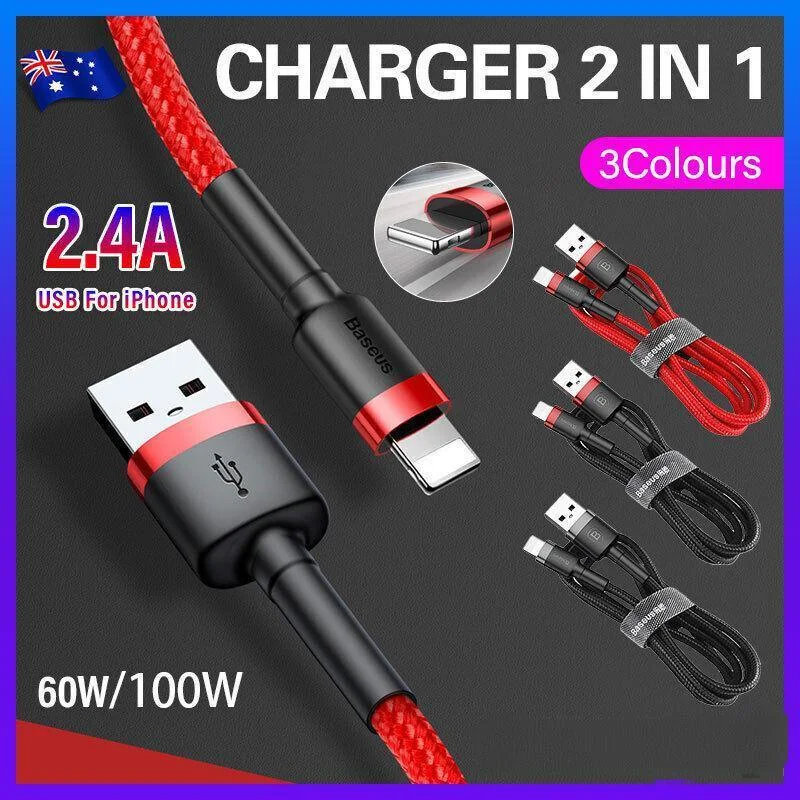 Baseus USB Charging Cable Data Charger Cord For iPhone 13 12 11 XS XR 8 7 iPad 1PC 2M - Red+ Red