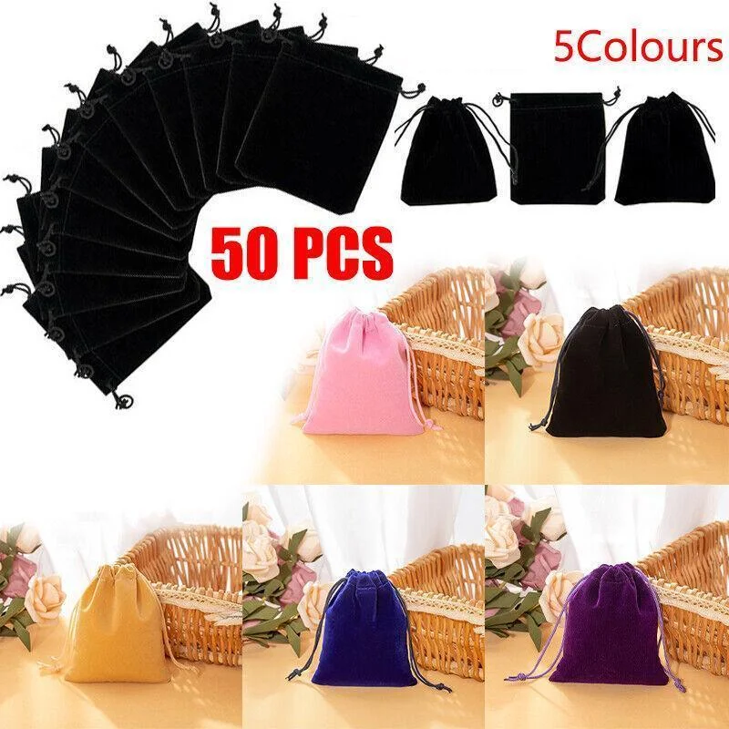 50X Small Velvet Cloth Drawstring Bags Gift Bag Jewelry Ring Pouch Earring Favor 7x9 - Black