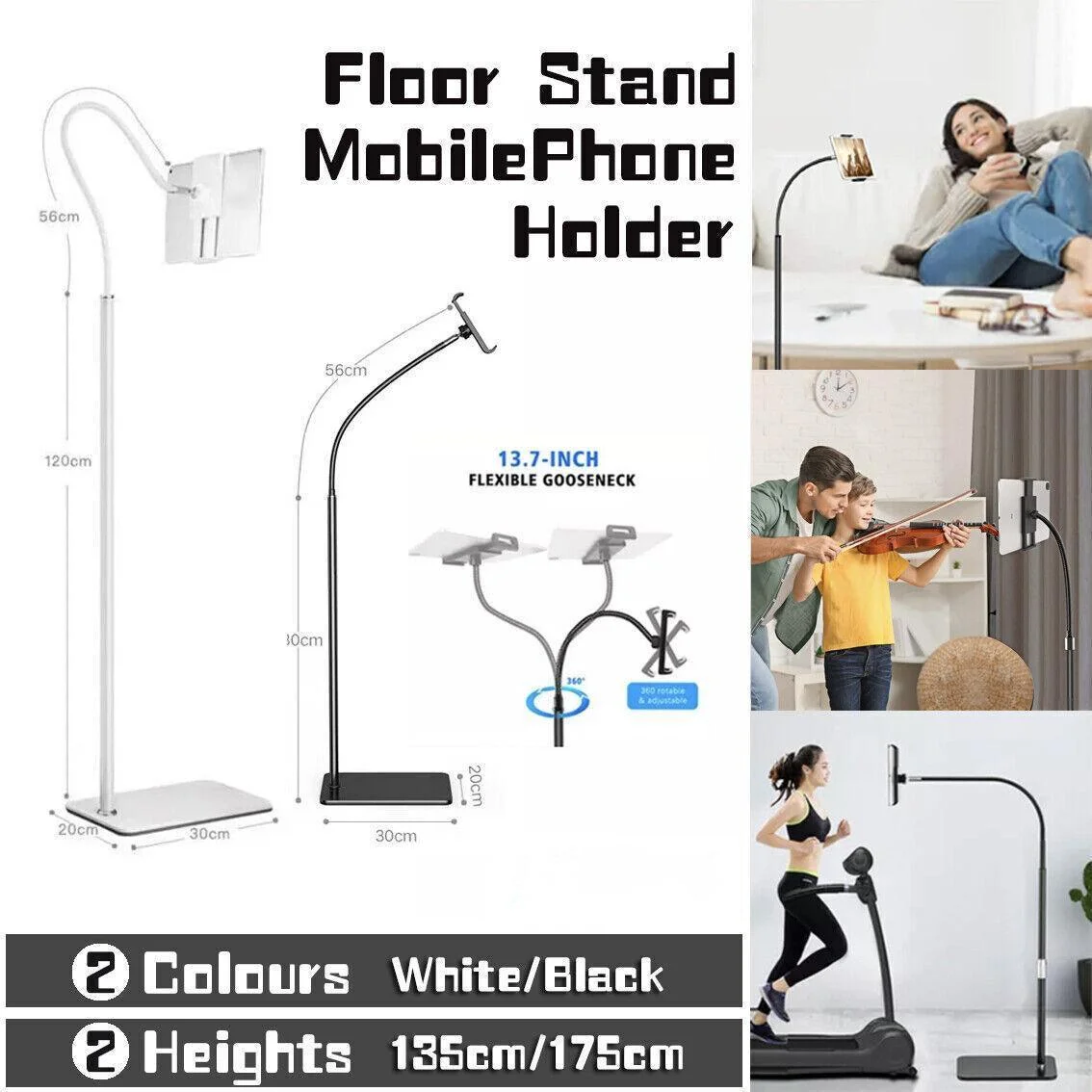 Adjustable Floor/Desk Stand Bed Lazy Mount Holder Arm Bracket For Phone Tablet - Floor Stand (175cm&Black)