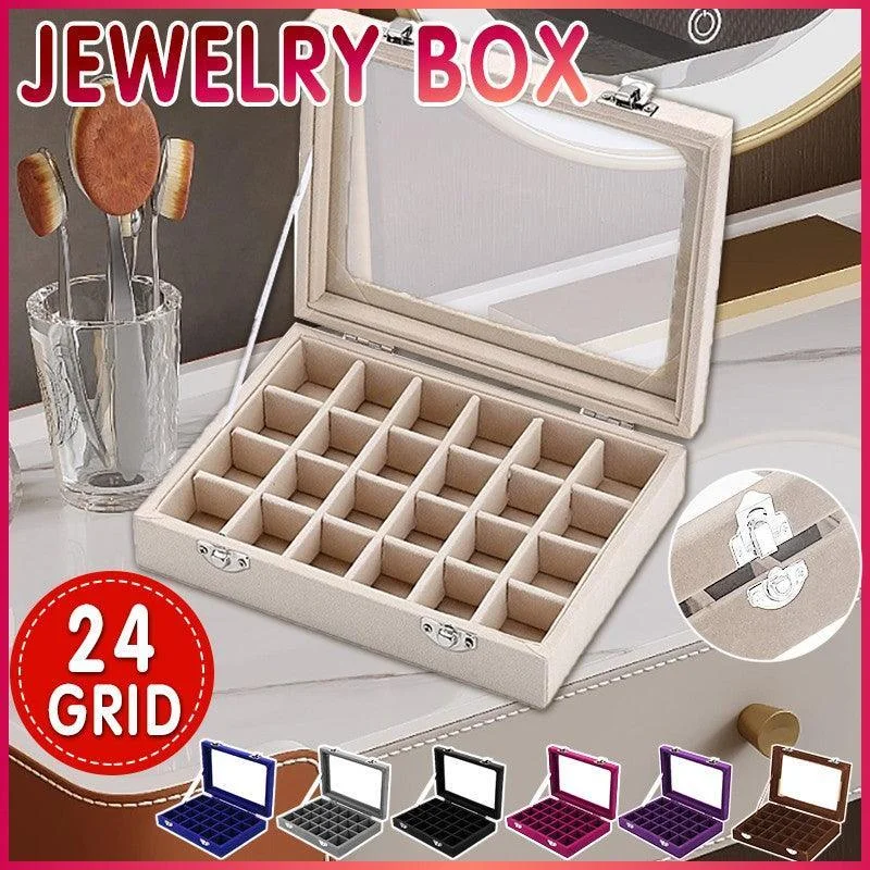 Velvet Jewelry Box Earring Organizer Display Case Storage Holder with 24 Grid - Navy