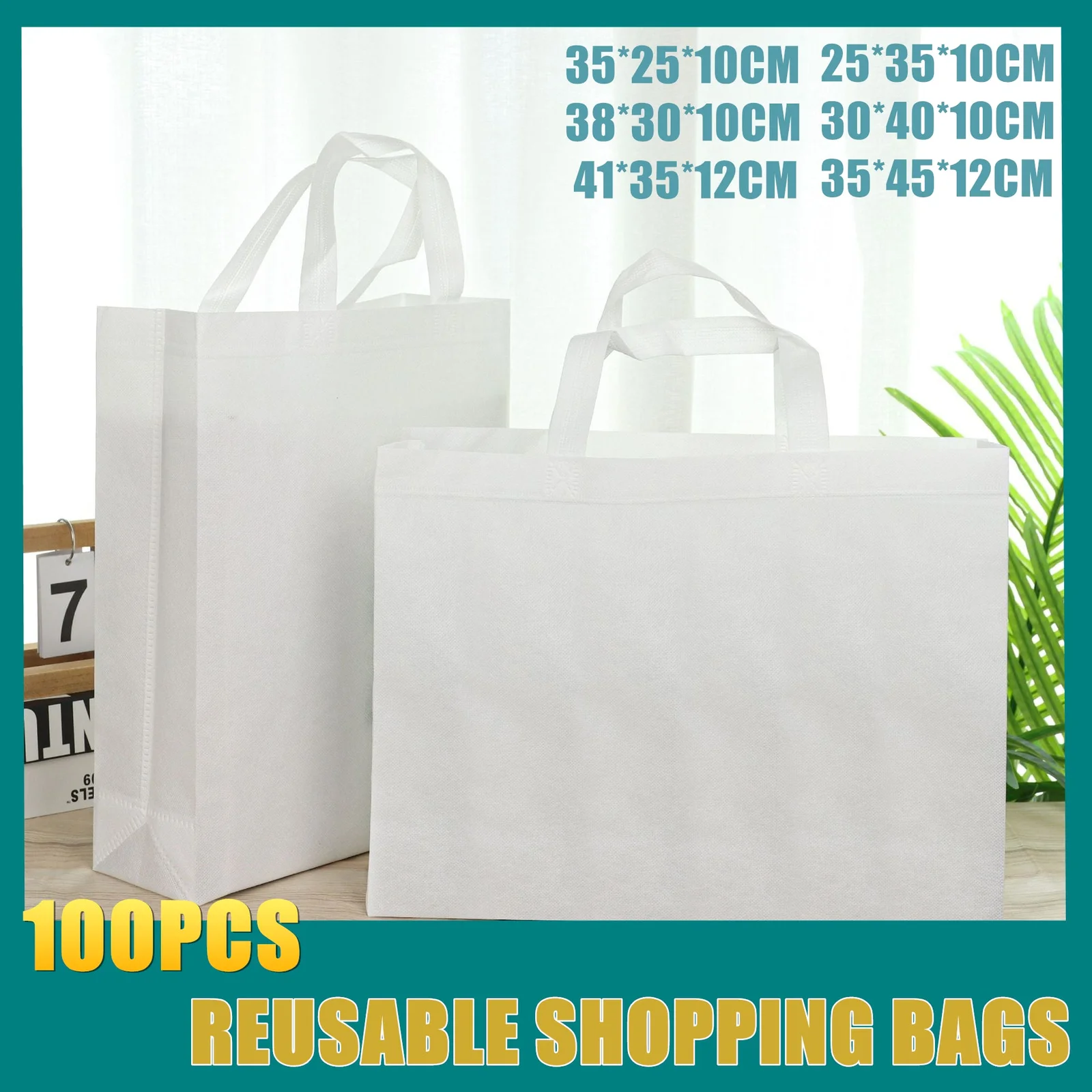 100PCS Reusable Non Woven Shopping Bags Eco Friendly Washable Tote Bags White - 41X35X12CM
