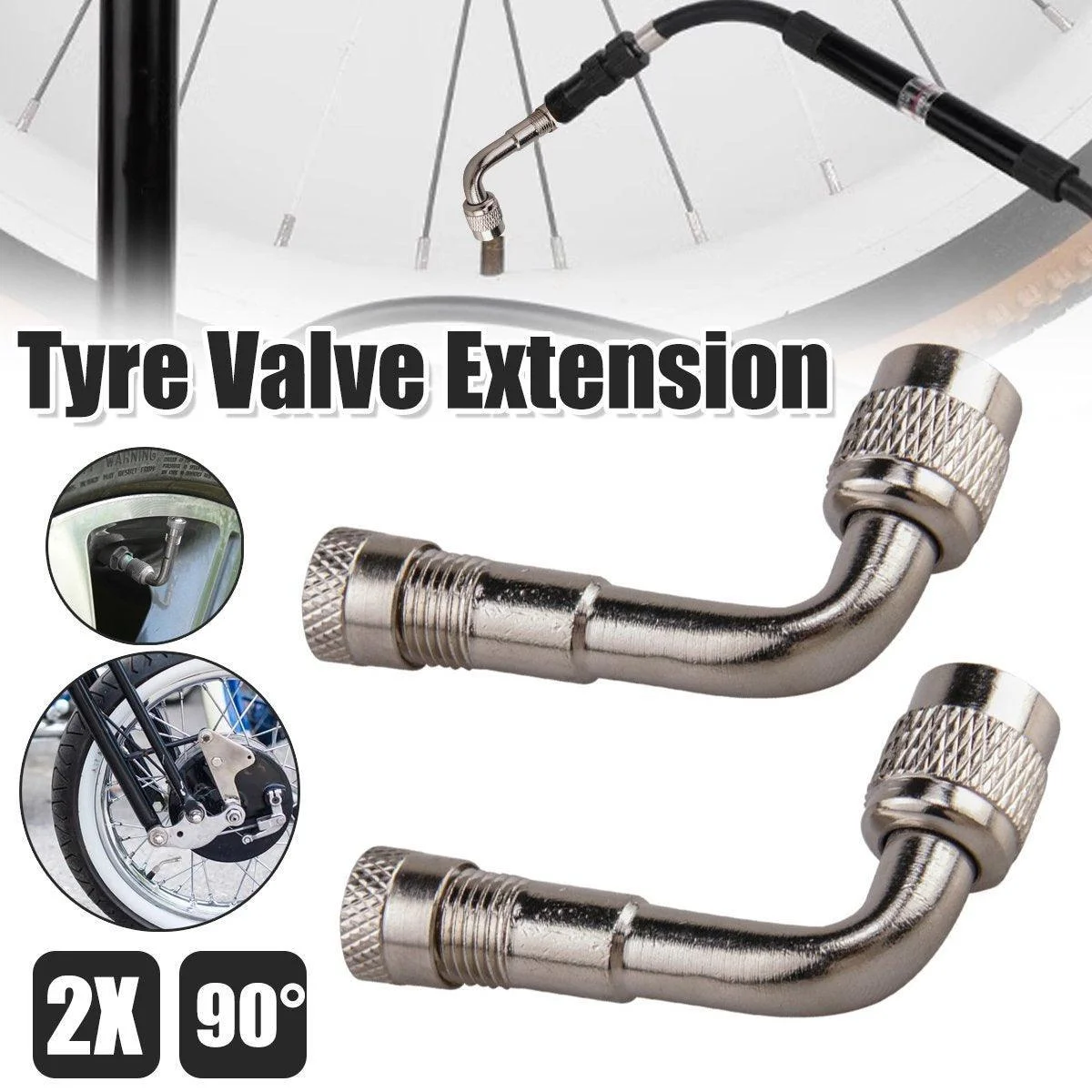 2X Car Motorbike Tyre Valve Extension Adaptor 90 Degree Angle Silver Nozzles
