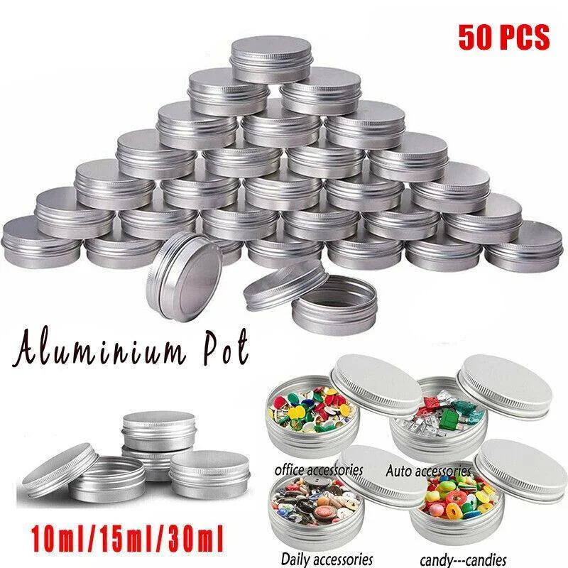 50Pcs Durable Silver Aluminum Cosmetic Pot Lip Balm Jar Containers Empty Tin - 10ML