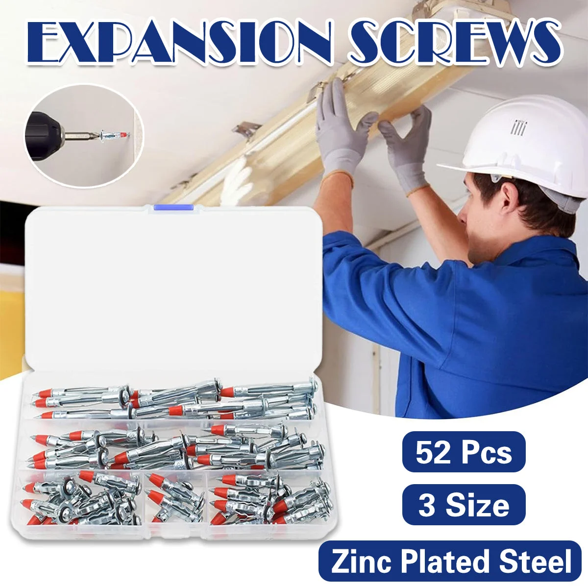 52PCS Galvanized Steel Wall Anchors Expansion Screws Self Tapping Bolts