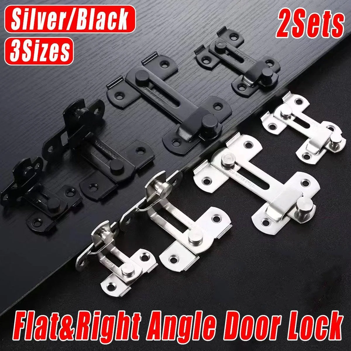 2 Sets 90 Degree Sliding Door Latch Lock Catch Kit for Home Use - Right-Angle-Black-S