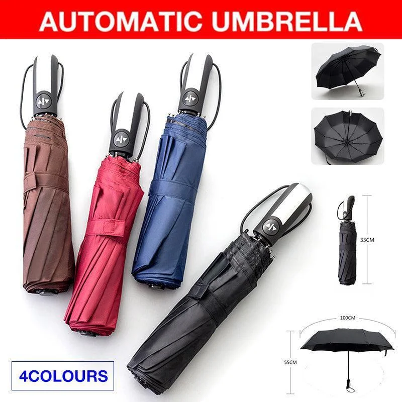 Automatic Umbrella Auto Open Close Compact Folding Anti Rain Windproof 10Ribs Au - Brown