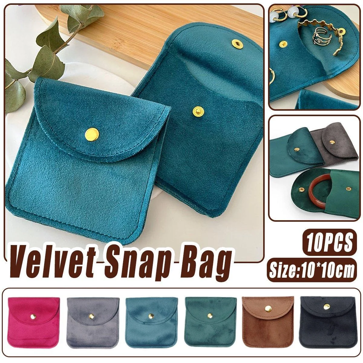 10pcs Velvet Jewelry Pouch Button Closure Thick Soft Ring Necklace Storage Bag - Grey