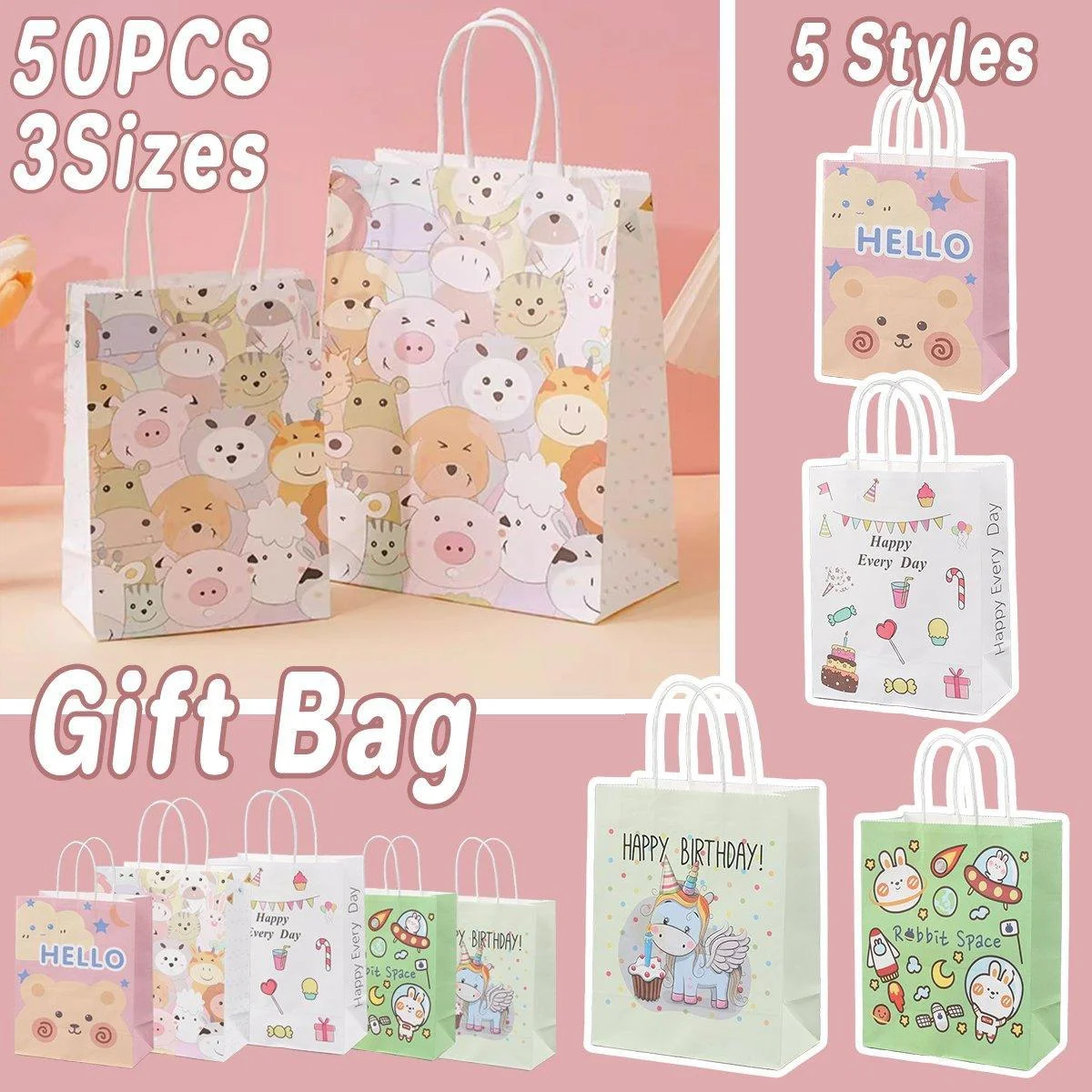 50PCS Colourful Kraft Paper Gift Bags Reusable Party Favor Bags for School Events - BDLW-18*9*23cm