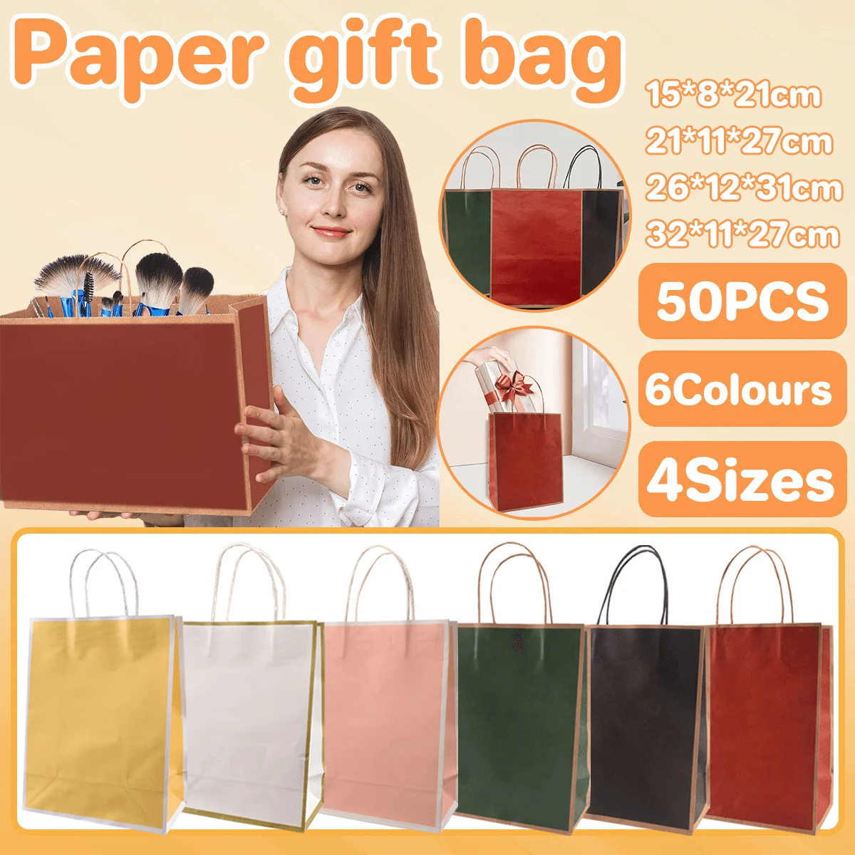 Gift Kraft Paper Bags for Packaging and Takeaway 50PCS - Red-31*26*12cm