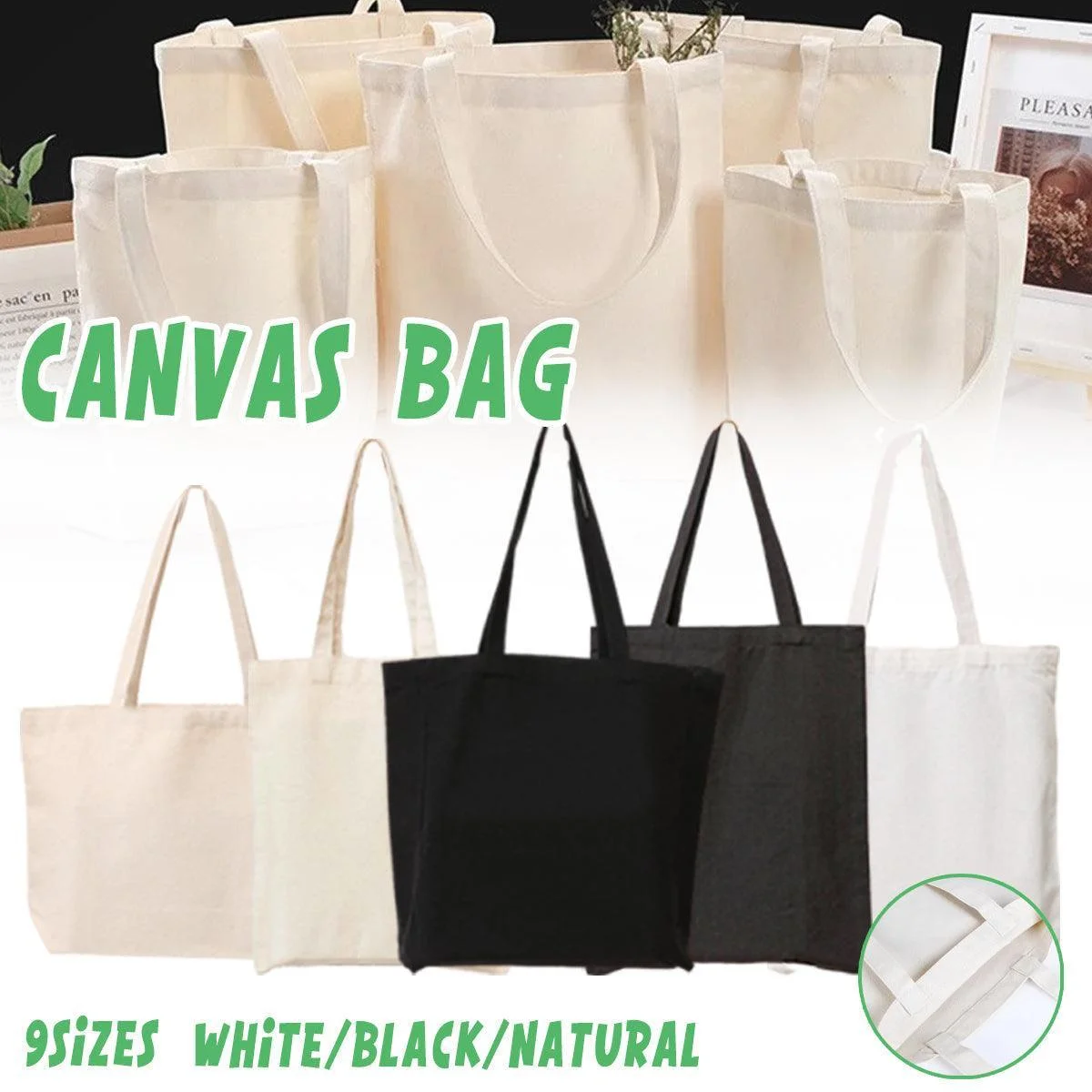 5PCS Canvas Tote Bag Cotton Blank DIY Shopping Shoulder Bags - Black 40*30*10cm
