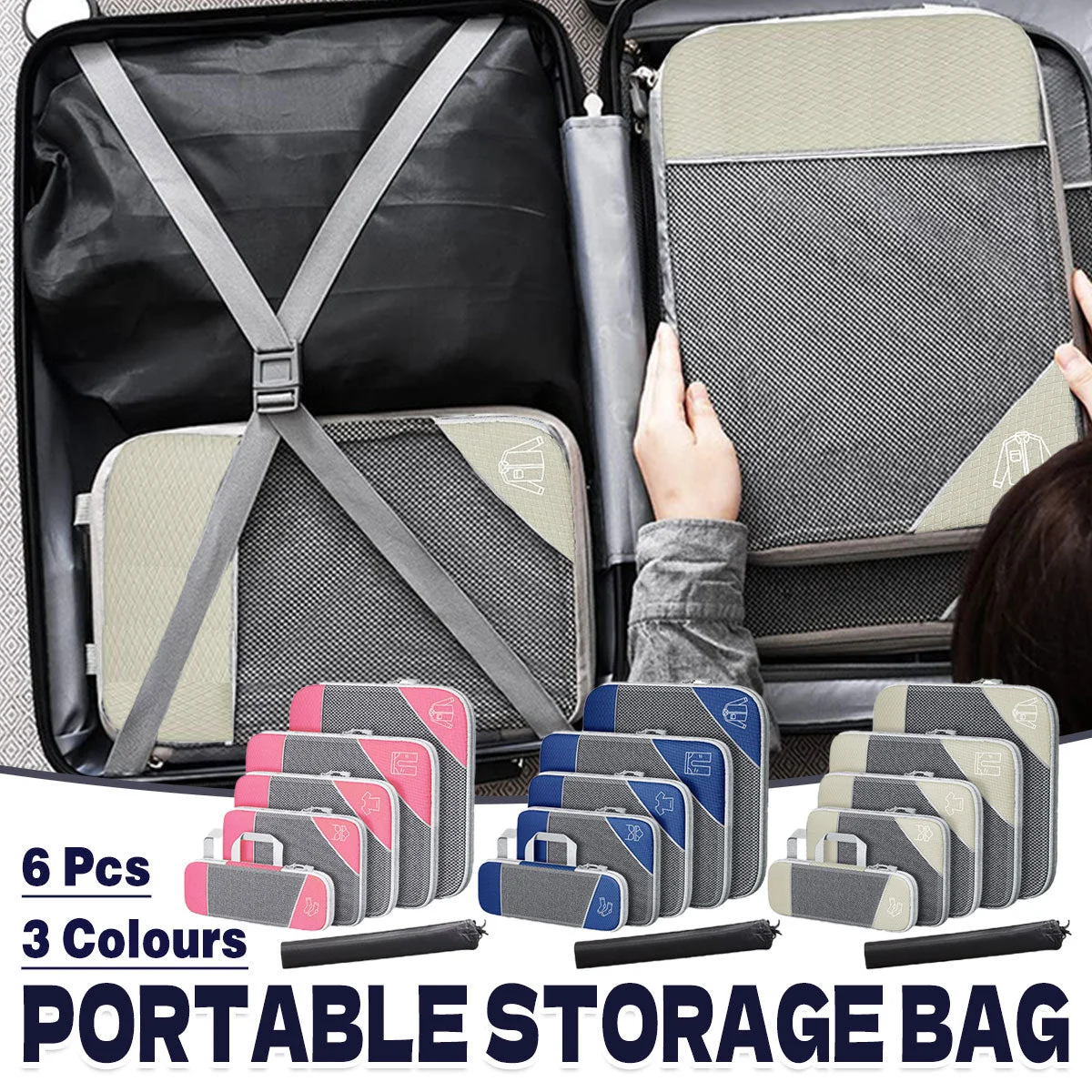 6PCS Compression Packing Cubes Expandable Luggage Storage Bag Travel Packing Bag - Pink