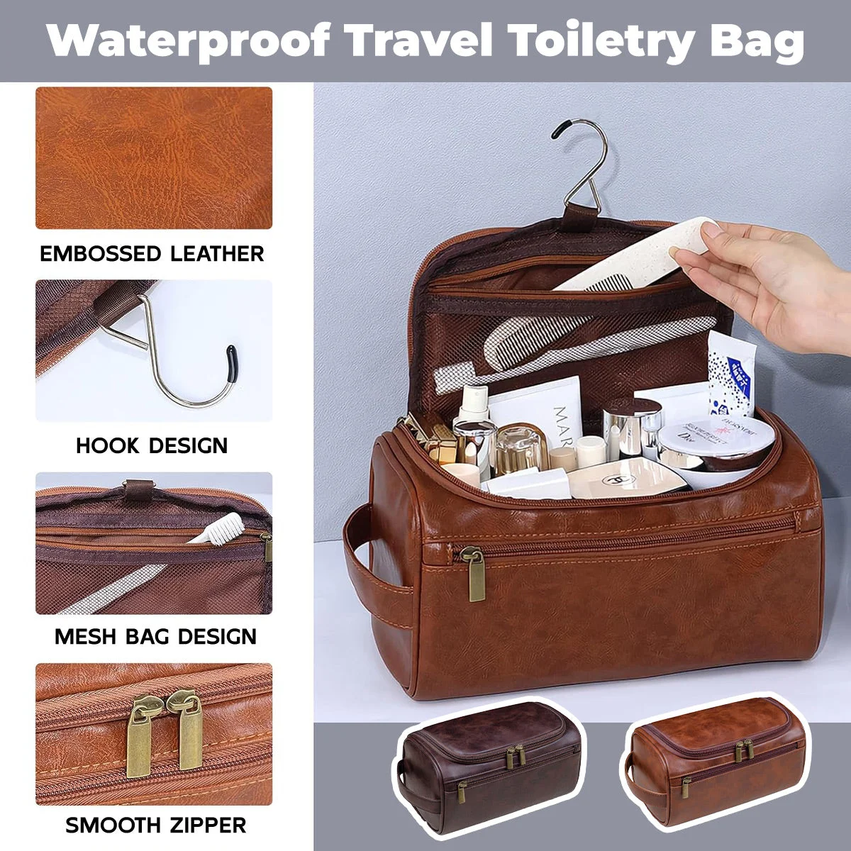 Large Capacity Waterproof Travel Toiletry Bag Cosmetic Organizer Multifunctional - Brown