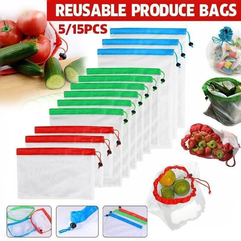 Up 15X Eco Friendly Reusable Mesh Produce Bags Superior Double Stitched Strength - 5PCS Large Blue
