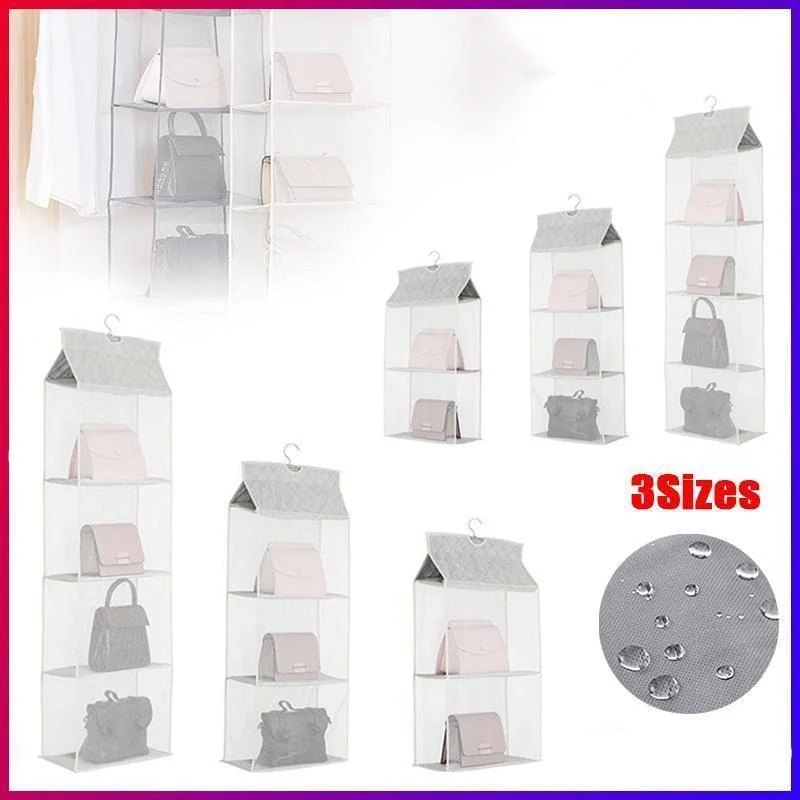 Beige Bag Storage Holder Wardrobe Closet Hanging Handbag Organizer 2/3/4 Pockets - 2 Layers
