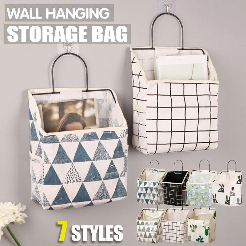 Wall Hanging Storage Bag Home Wardrobe Organiser Pouch Book Holder Phone Pocket - White Grid