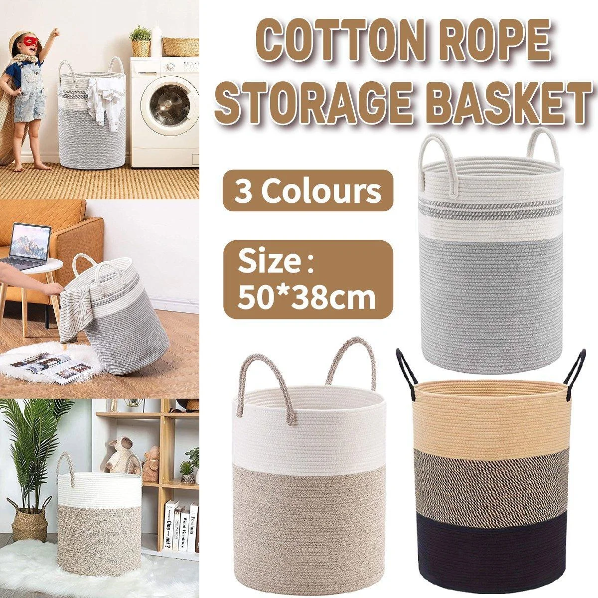 Woven Cotton Rope Storage Basket Foldable Laundry Bin Bamboo Clothes Organizer - Khaki Black