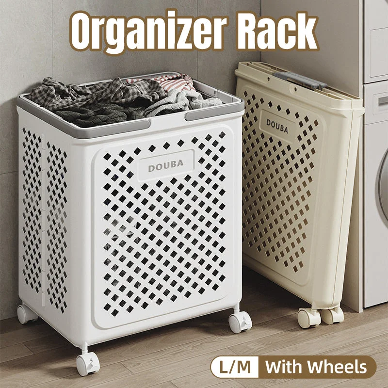 Folding Laundry Basket with Wheel Large Capacity Removable Dirty Clothes Storage - White-M