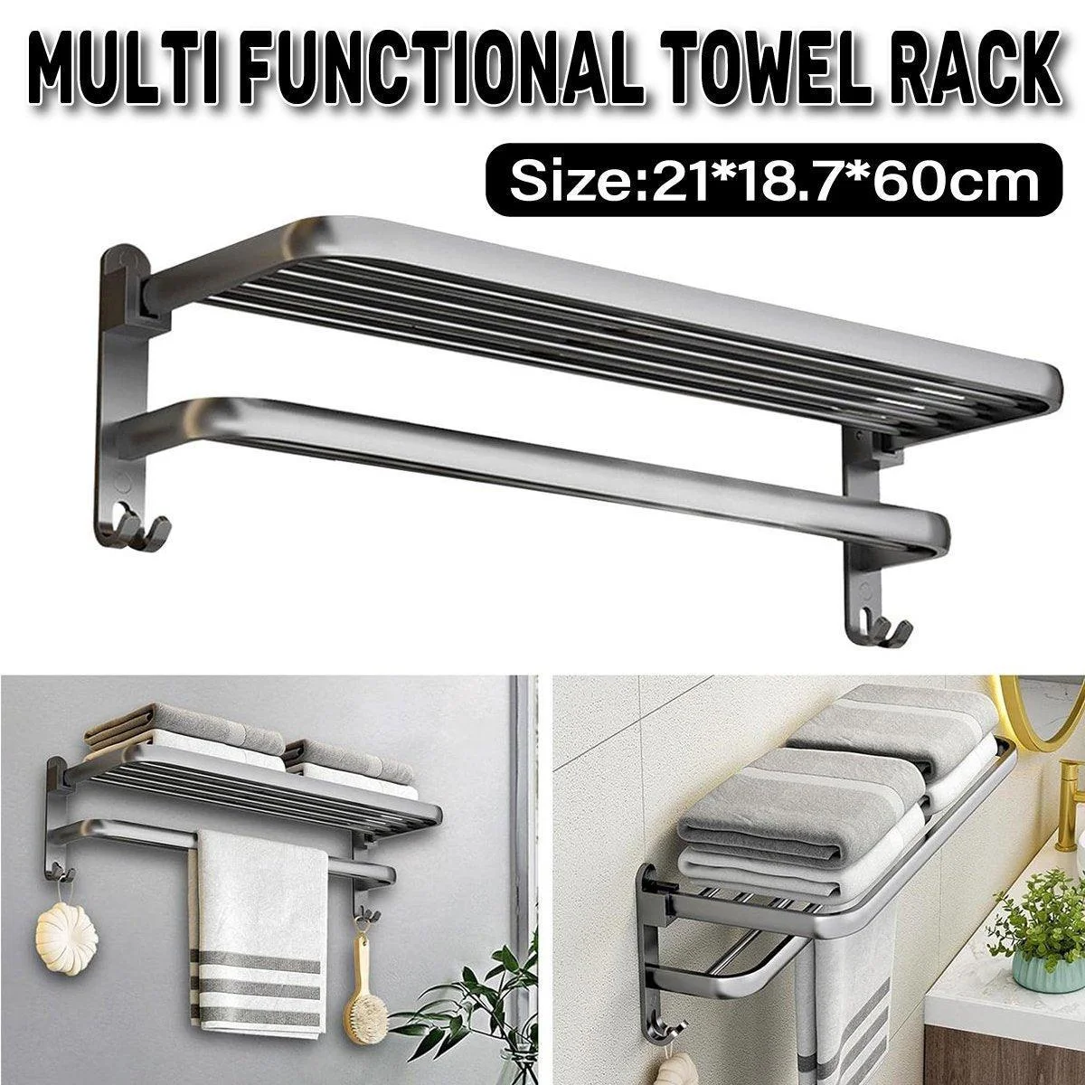 Grey Aluminum Towel Rack Punch-Free Bathroom Storage Towel Holder Home Organizer