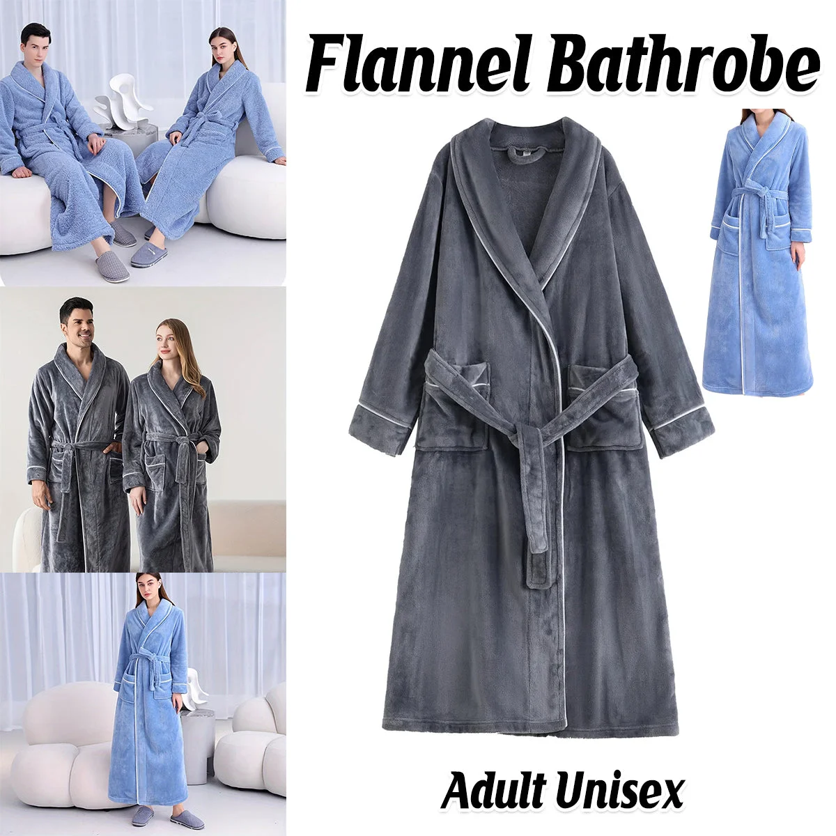 Flannel Bathrobe Set Autumn Winter Coral Fleece Nightgown for Men and Women Warm - Grey