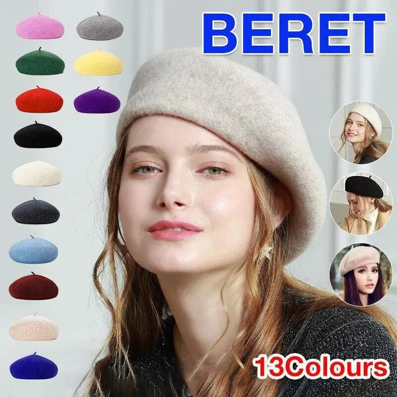 Women Ladies Beanie Wool French Beret Newsboy Hat Cap Winter Warm Hats Girls - Red