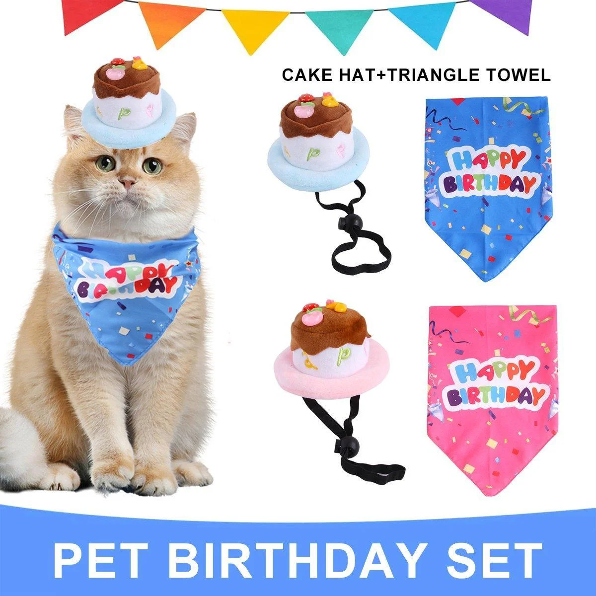 Pet Birthday Cake Hat and Triangle Towel combination Fun Party Dress Up for Pets - Blue