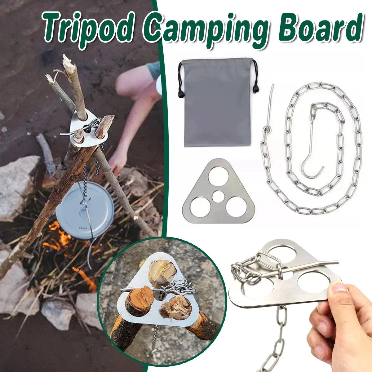 Outdoor Bonfire Rack Hanging Pot Picnic Fire Stand Stainless Steel Portable Foldable Tripod