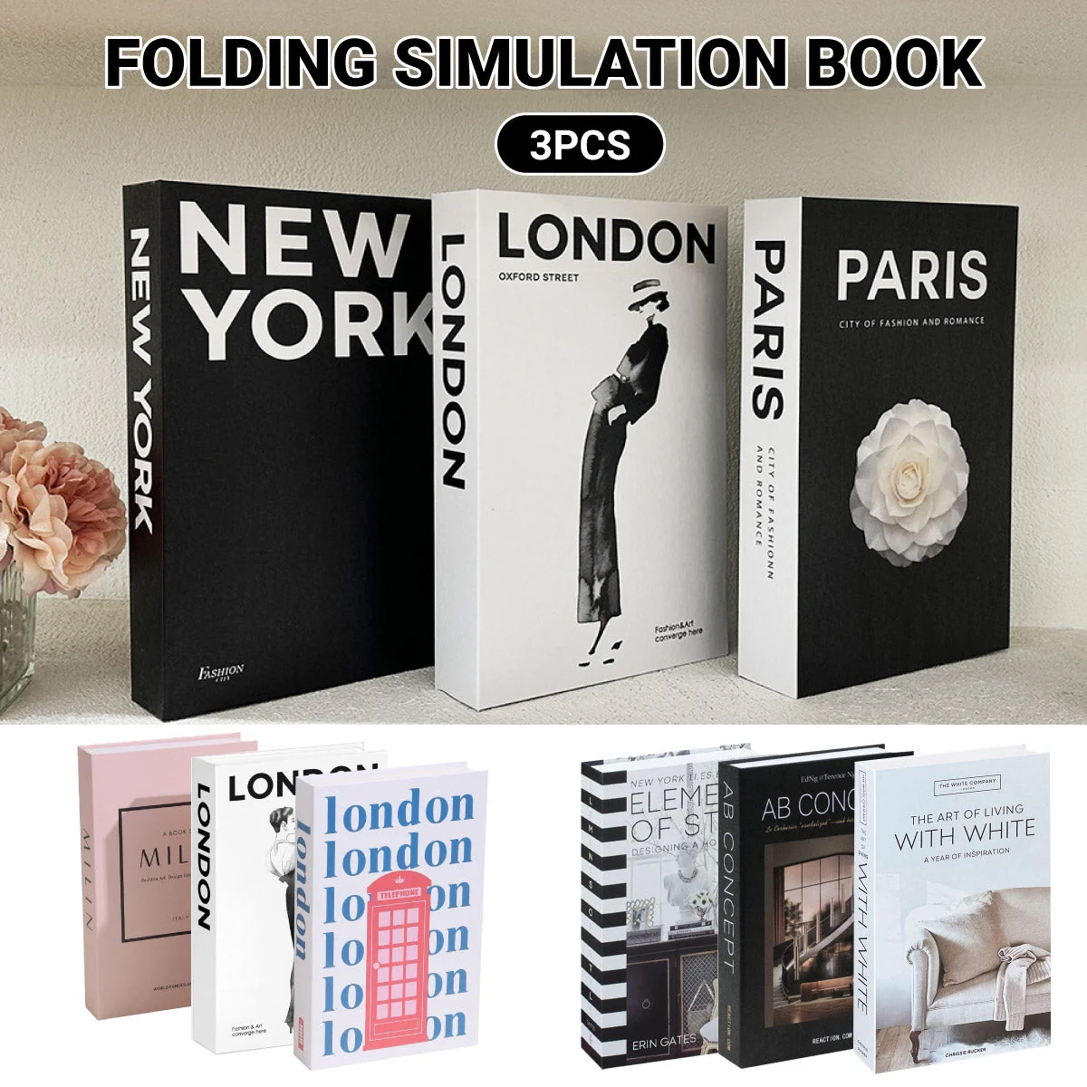 3 PCS Modern Decorative Books Set Foldable Fake Books for Display City Theme - A