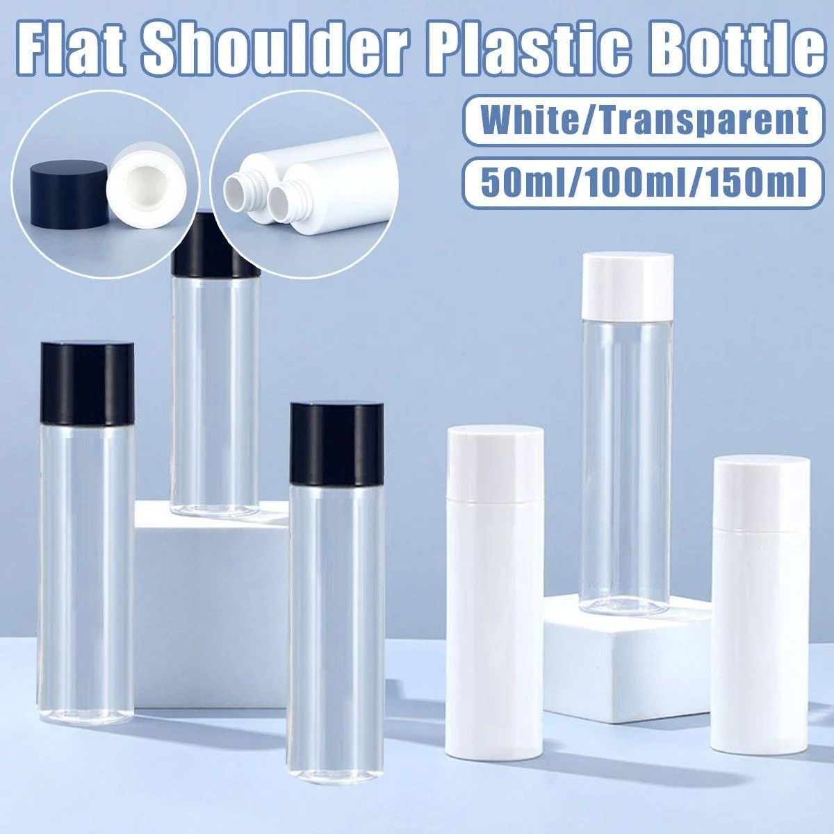 50/100/150ml Plastic Toner Lotion Bottles Refillable Travel Cosmetic Containers - White Lid + White Bottle - 100ml